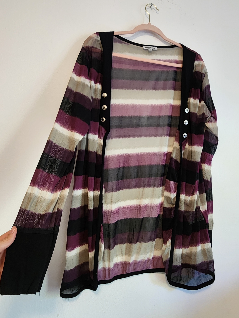 Striped Open-Front Cardigan in Plum, Black & Cream